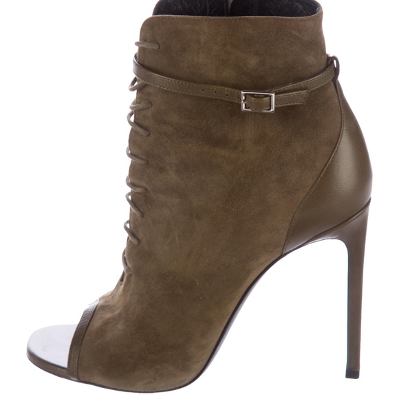 Saint Laurent Lace Up Peep Toe Ankle Booties, Olive Green - Picture 1 of 6